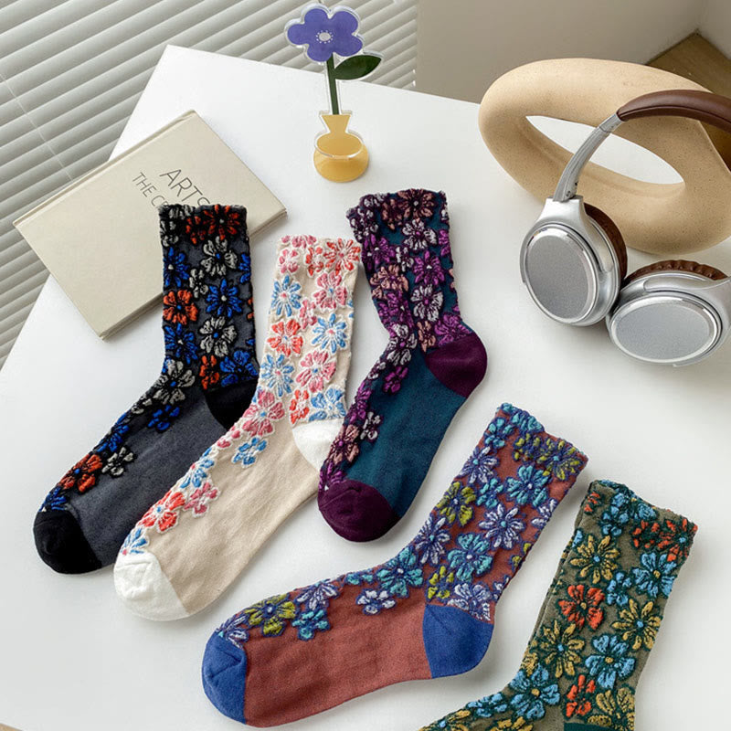 Buddha Stones Ethnic Textured Floral Contrasting Color Design Women's Micro Crew Cotton Socks