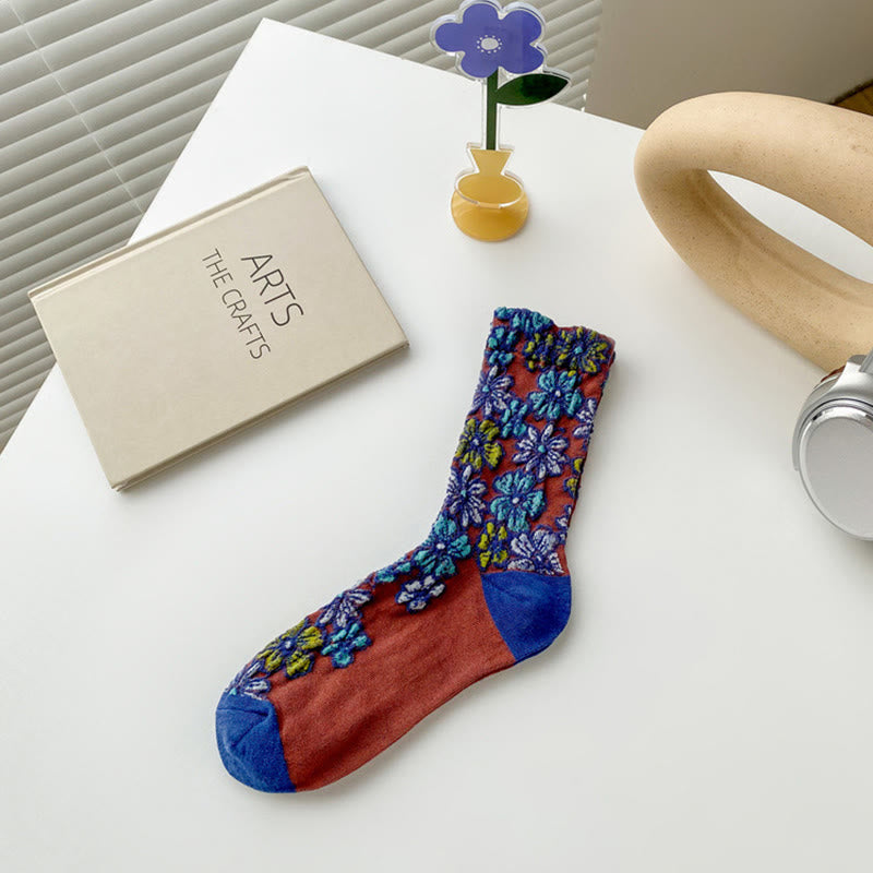 Buddha Stones Ethnic Textured Floral Contrasting Color Design Women's Micro Crew Cotton Socks