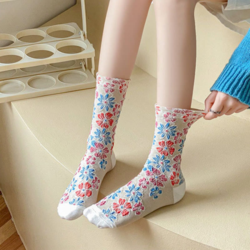 Buddha Stones Ethnic Textured Floral Contrasting Color Design Women's Micro Crew Cotton Socks