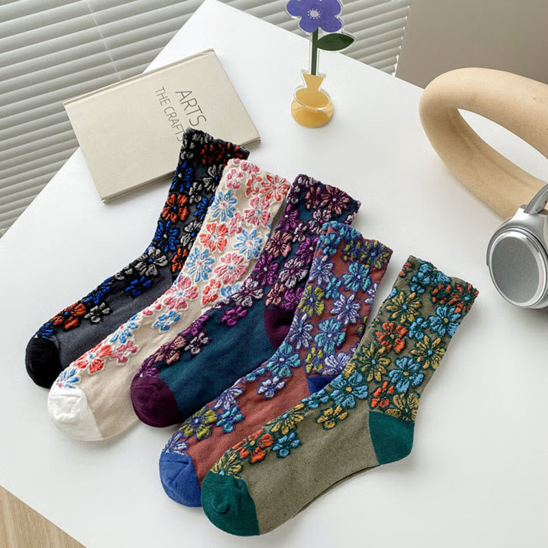 Buddha Stones Ethnic Textured Floral Contrasting Color Design Women's Micro Crew Cotton Socks