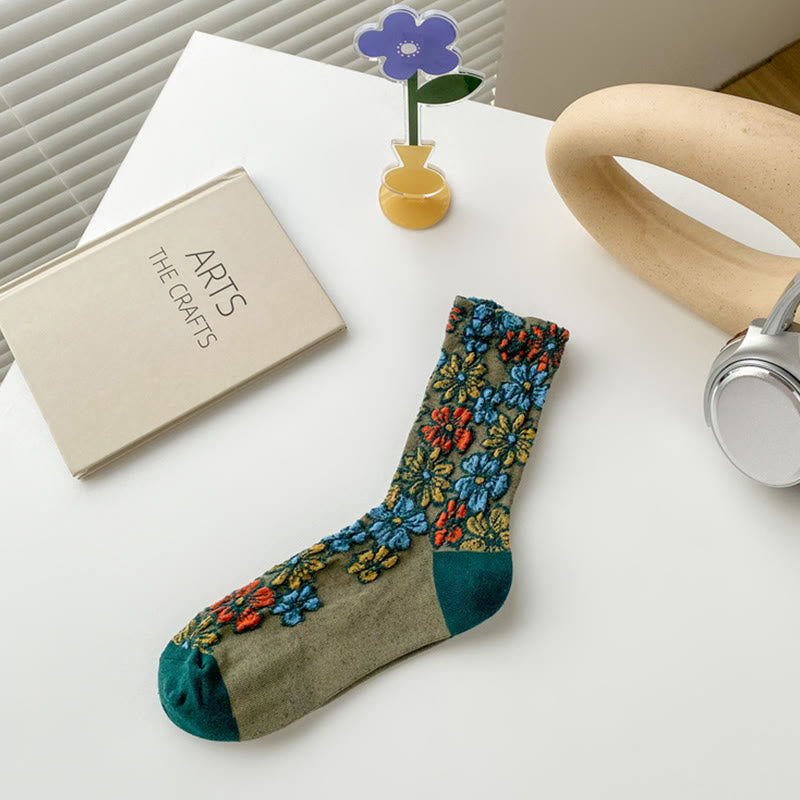 Buddha Stones Ethnic Textured Floral Contrasting Color Design Women's Micro Crew Cotton Socks