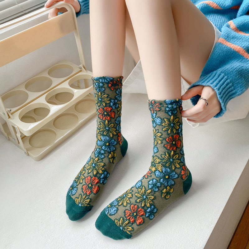 Buddha Stones Ethnic Textured Floral Contrasting Color Design Women's Micro Crew Cotton Socks