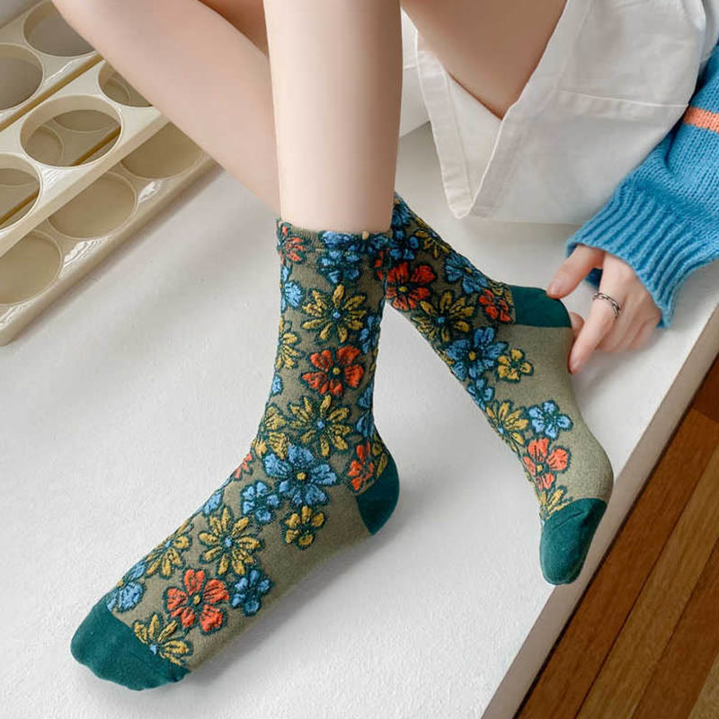 Buddha Stones Ethnic Textured Floral Contrasting Color Design Women's Micro Crew Cotton Socks