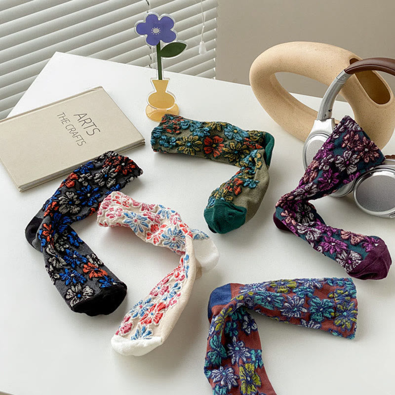 Buddha Stones Ethnic Textured Floral Contrasting Color Design Women's Micro Crew Cotton Socks