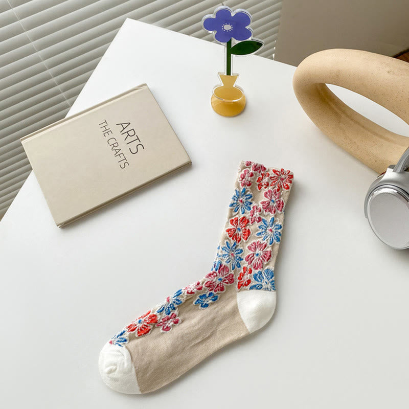 Buddha Stones Ethnic Textured Floral Contrasting Color Design Women's Micro Crew Cotton Socks