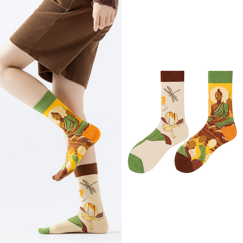 Buddha Stones Casual Meditative Buddha Lotus Dragonfly Micro Crew Women's Socks