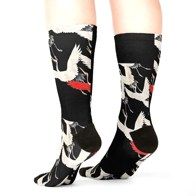 Buddha Stones Casual White Red Cranes Micro Crew Men Women Unisex Socks