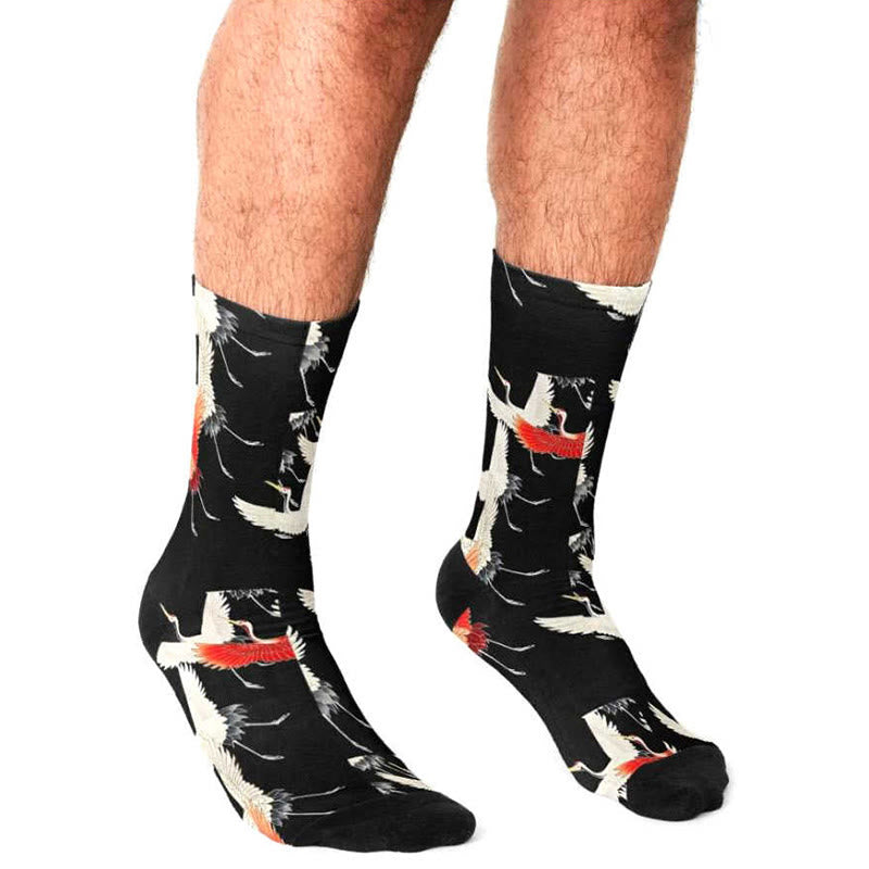 Buddha Stones Casual White Red Cranes Micro Crew Men Women Unisex Socks