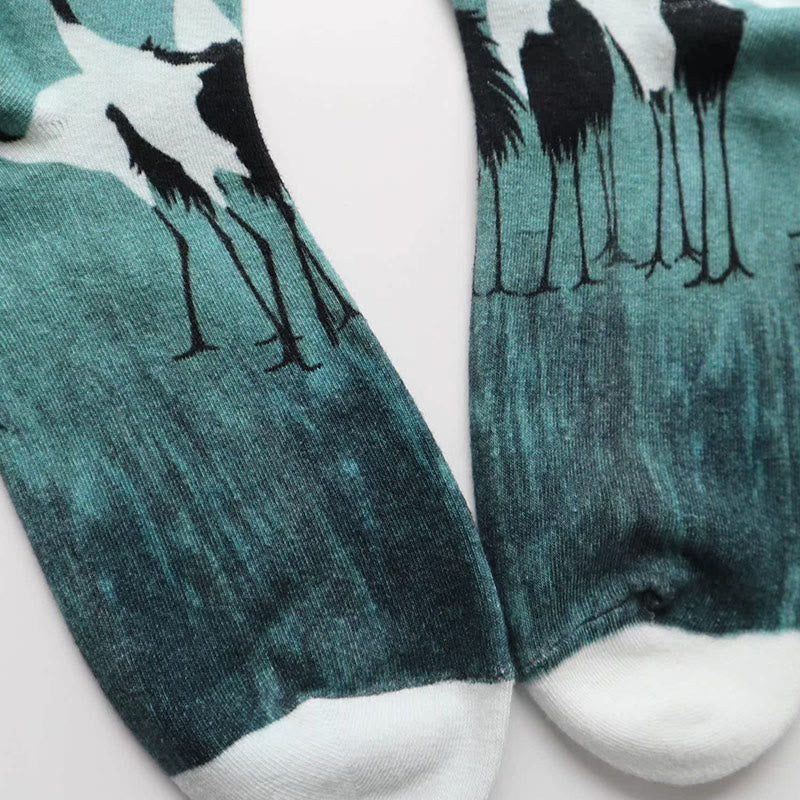 Buddha Stones Casual White Crane Cotton Micro Crew Women's Socks