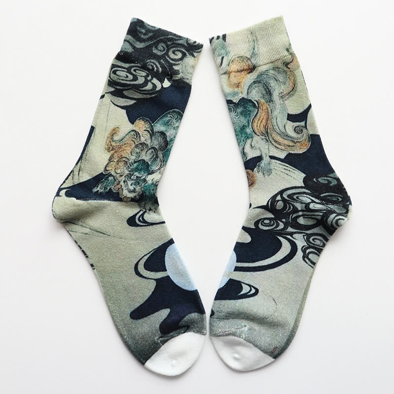 Buddha Stones Casual Multicolored Ink-style Waves Cotton Micro Crew Women's Socks
