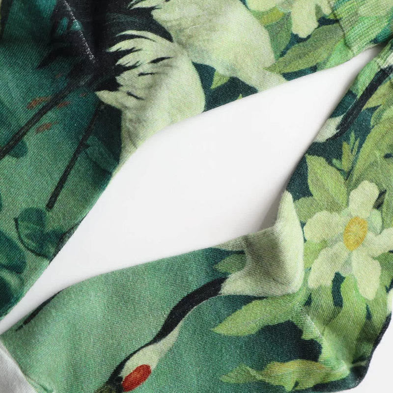 Buddha Stones Casual White Crane Floral Lotus Leaf Koi Fish Cotton Micro Crew Women's Socks