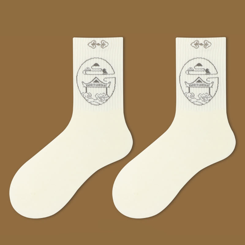 Buddha Stones Casual Lotus Pavilion Deer Peaceful Character Swallows Micro Crew Women's Socks
