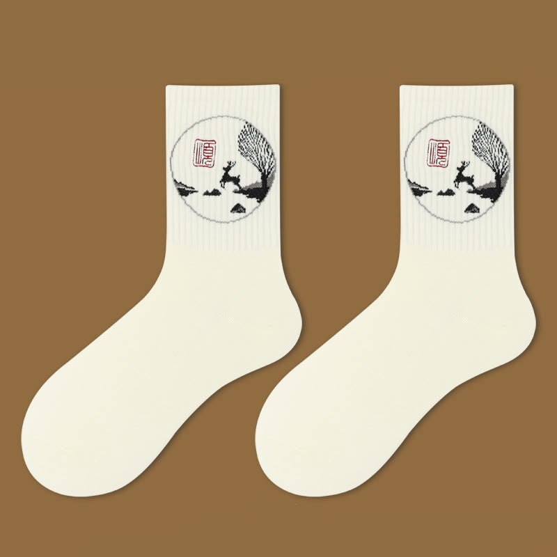 Buddha Stones Casual Lotus Pavilion Deer Peaceful Character Swallows Micro Crew Women's Socks