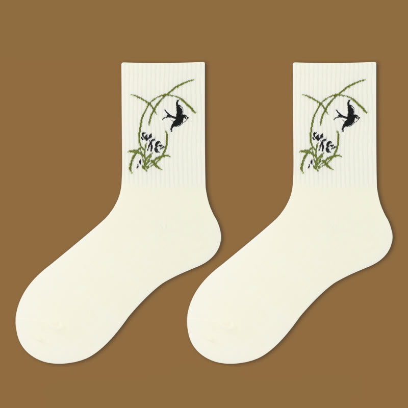 Buddha Stones Casual Lotus Pavilion Deer Peaceful Character Swallows Micro Crew Women's Socks
