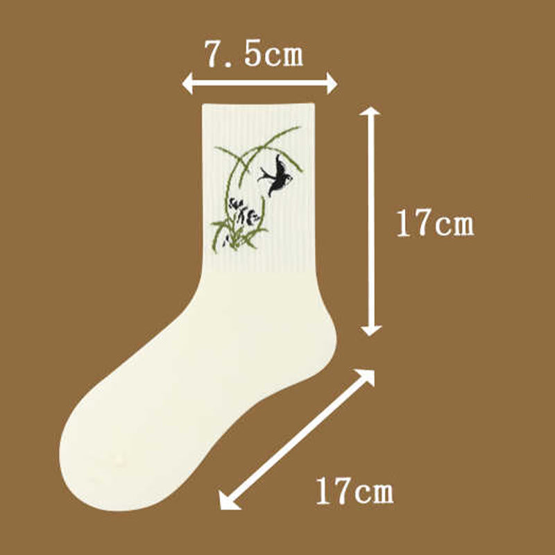 Buddha Stones Casual Lotus Pavilion Deer Peaceful Character Swallows Micro Crew Women's Socks