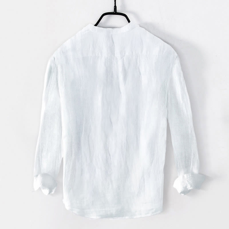 Buddha Stones Solid Color Long Sleeve Half Button Shirt Cotton Linen Men Clothing