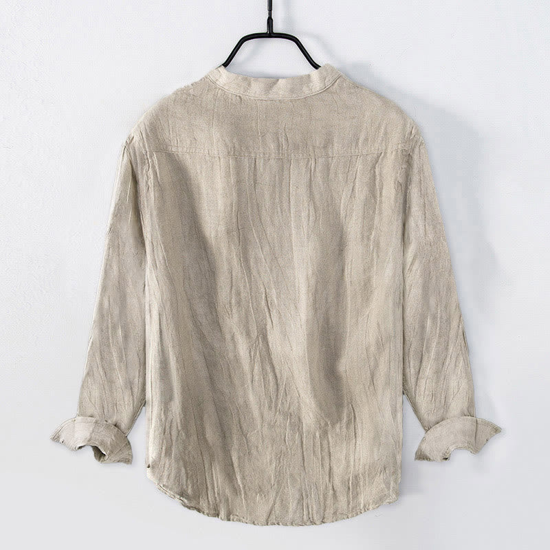Buddha Stones Solid Color Long Sleeve Half Button Shirt Cotton Linen Men Clothing