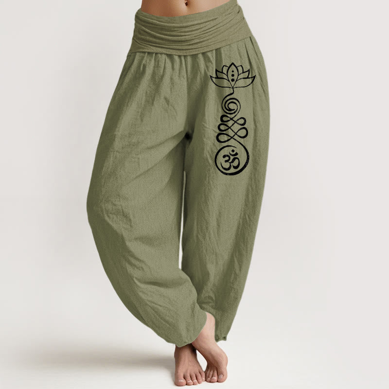 Buddha Stones Plain Lotus Om Pattern Women's Elastic Waist Harem Cotton Pants