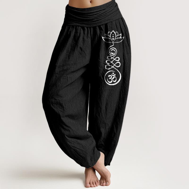 Buddha Stones Plain Lotus Om Pattern Women's Elastic Waist Harem Cotton Pants