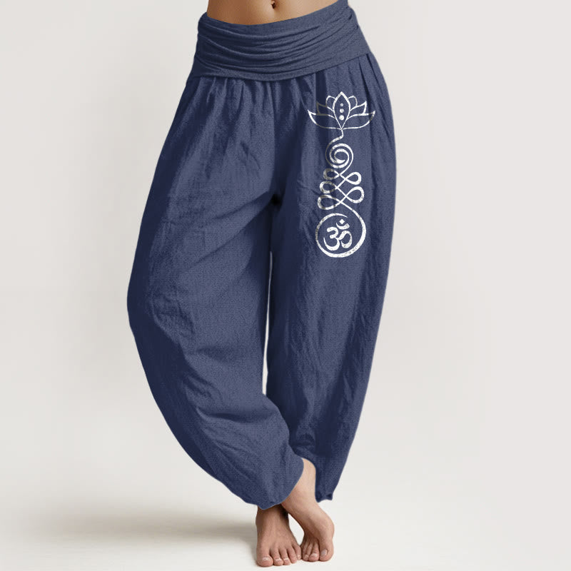 Buddha Stones Plain Lotus Om Pattern Women's Elastic Waist Harem Cotton Pants