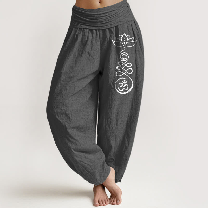 Buddha Stones Plain Lotus Om Pattern Women's Elastic Waist Harem Cotton Pants