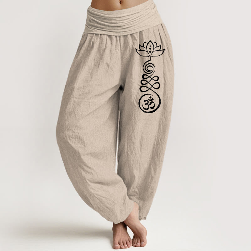 Buddha Stones Plain Lotus Om Pattern Women's Elastic Waist Harem Cotton Pants