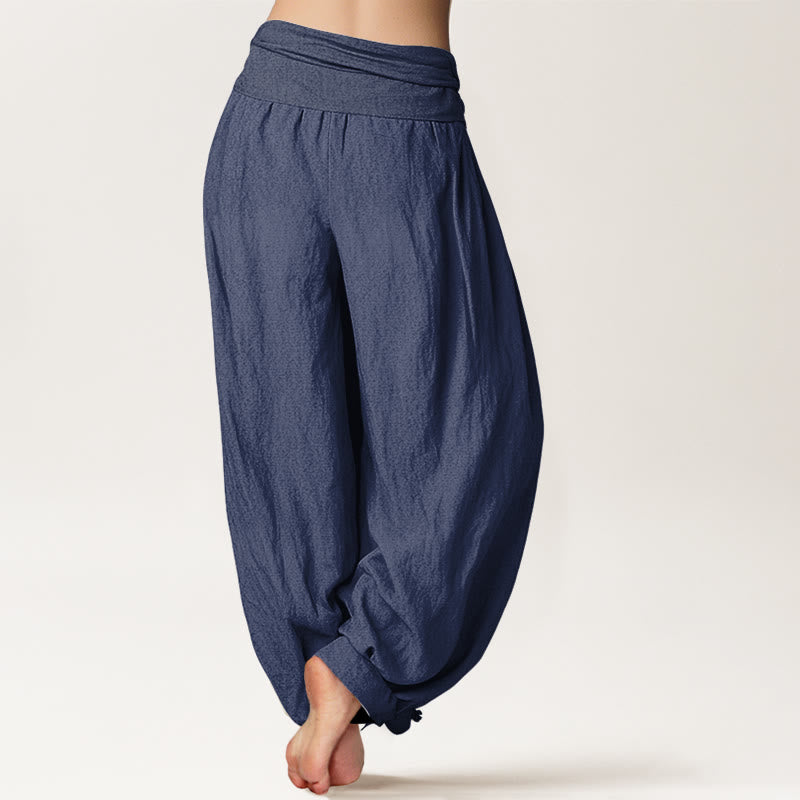 Buddha Stones Blooming Lotus Om Symbol Pattern Women's Elastic Waist Harem Cotton Pants