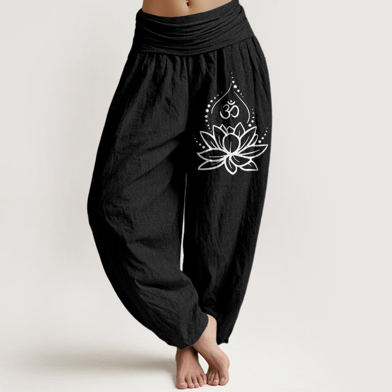 Buddha Stones Blooming Lotus Om Symbol Pattern Women's Elastic Waist Harem Cotton Pants