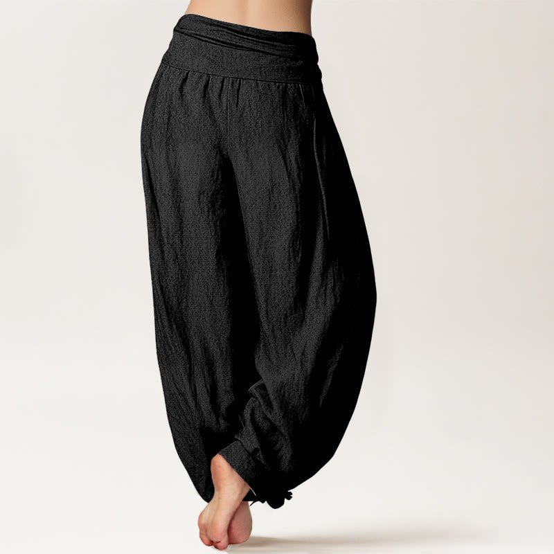 Buddha Stones Blooming Lotus Om Symbol Pattern Women's Elastic Waist Harem Cotton Pants