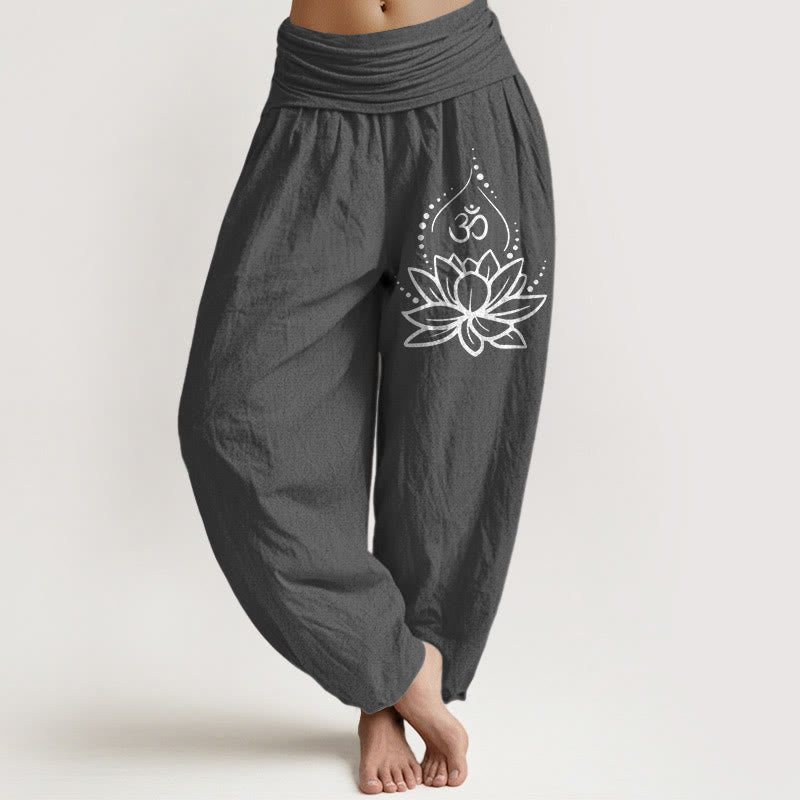 Buddha Stones Blooming Lotus Om Symbol Pattern Women's Elastic Waist Harem Cotton Pants