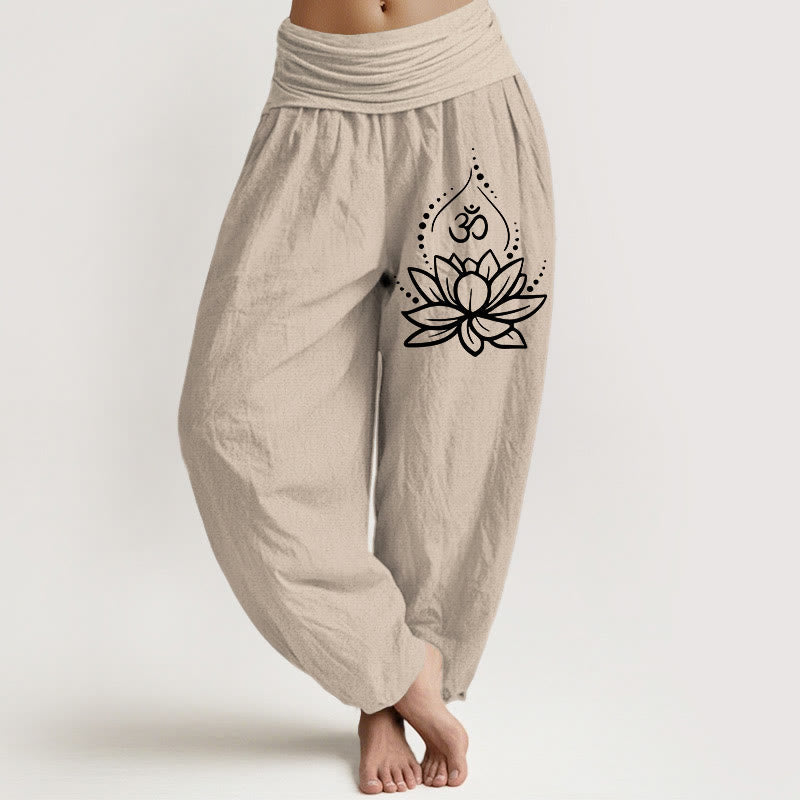 Buddha Stones Blooming Lotus Om Symbol Pattern Women's Elastic Waist Harem Cotton Pants