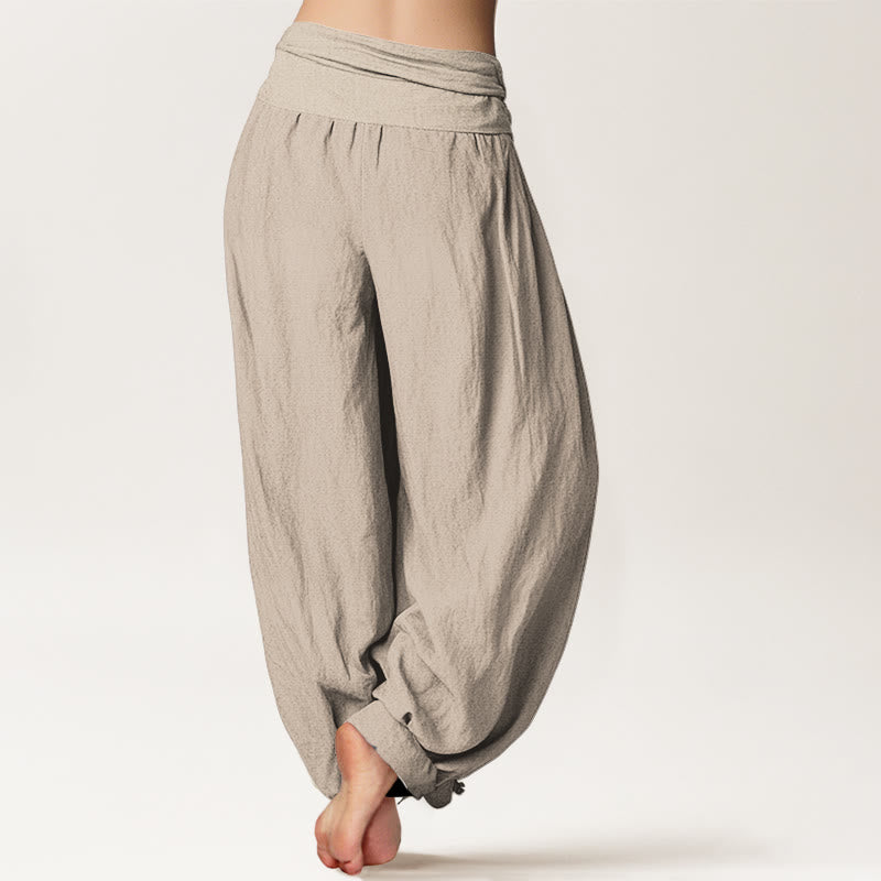 Buddha Stones Blooming Lotus Om Symbol Pattern Women's Elastic Waist Harem Cotton Pants