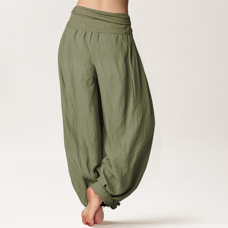 Buddha Stones Blooming Lotus Om Symbol Pattern Women's Elastic Waist Harem Cotton Pants