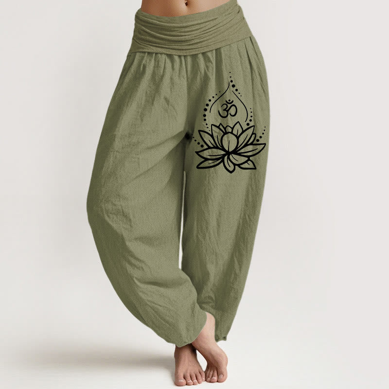 Buddha Stones Blooming Lotus Om Symbol Pattern Women's Elastic Waist Harem Cotton Pants