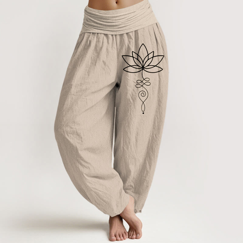 Buddha Stones Lotus Unalome Symbol Pattern Women's Elastic Waist Harem Pure Cotton Pants