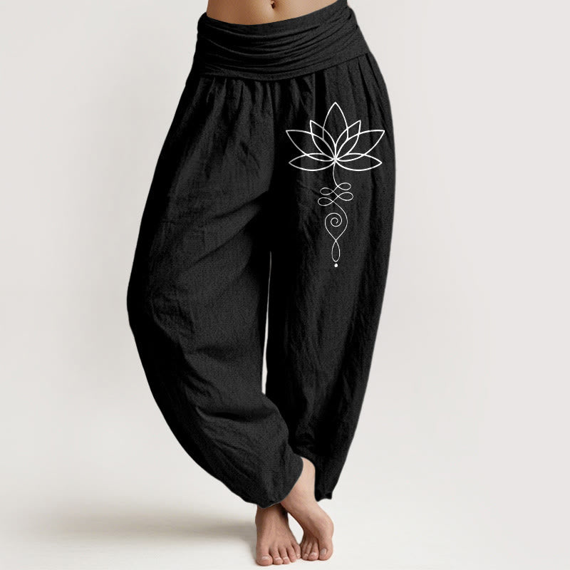 Buddha Stones Lotus Unalome Symbol Pattern Women's Elastic Waist Harem Pure Cotton Pants