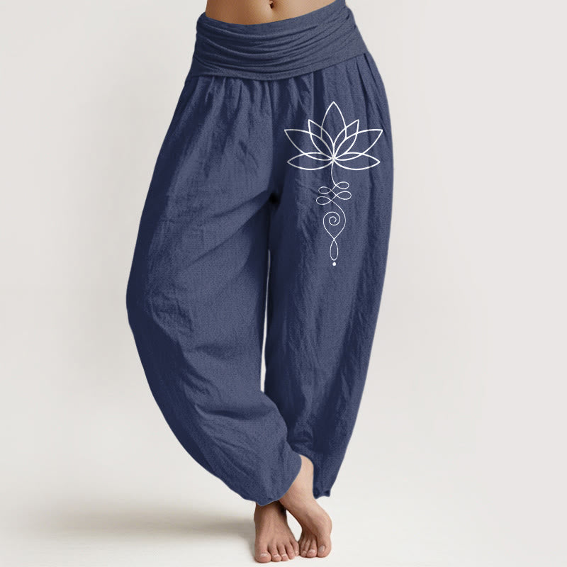 Buddha Stones Lotus Unalome Symbol Pattern Women's Elastic Waist Harem Pure Cotton Pants