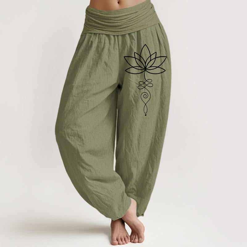 Buddha Stones Lotus Unalome Symbol Pattern Women's Elastic Waist Harem Pure Cotton Pants
