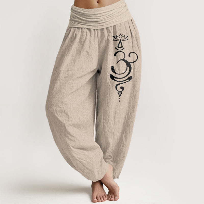 Buddha Stones Lotus Flower Unalome Symbol Pattern Pure Cotton Women's Elastic Waist Harem Pants