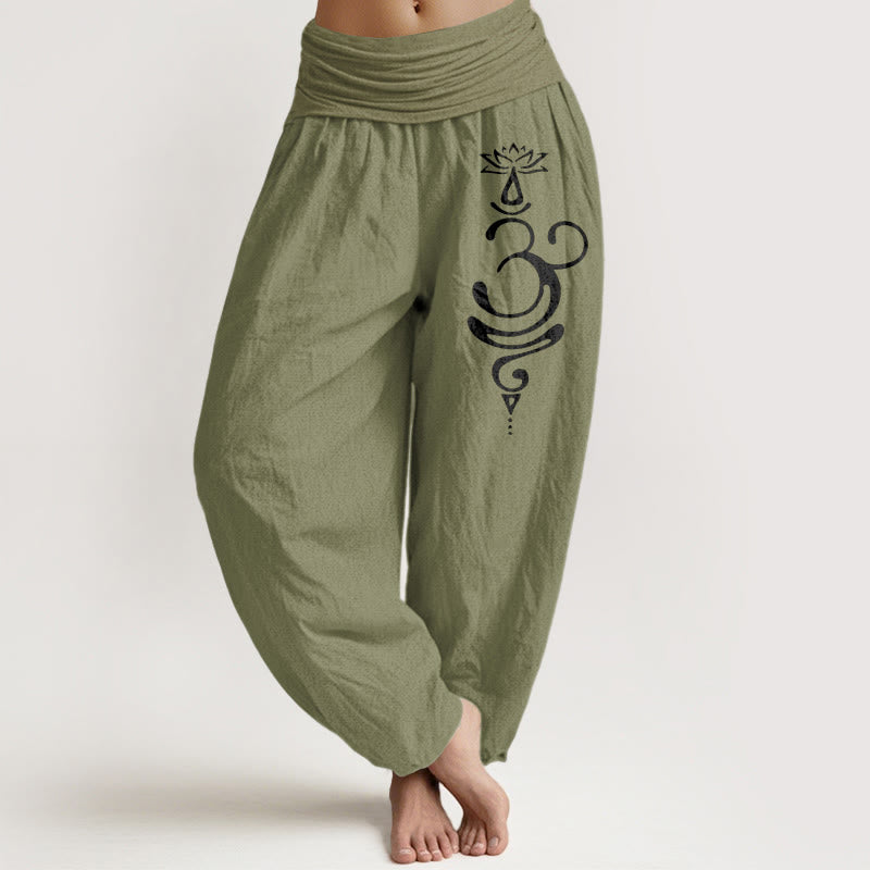Buddha Stones Lotus Flower Unalome Symbol Pattern Pure Cotton Women's Elastic Waist Harem Pants