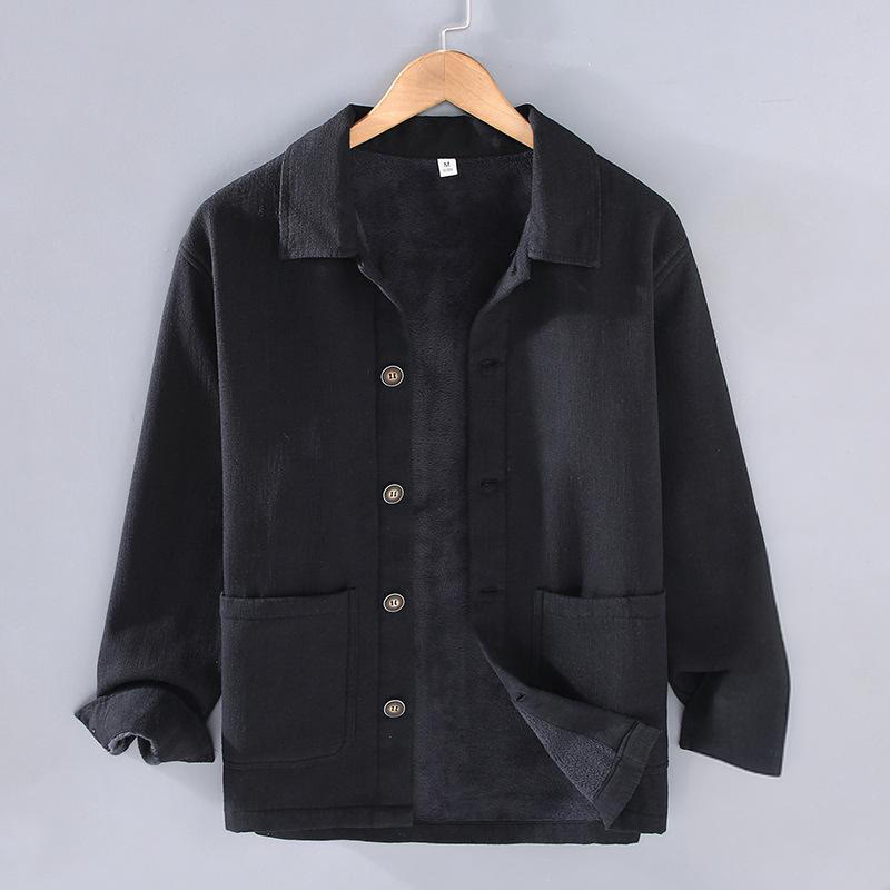 Buddha Stones Men's Plain Long Sleeve Thermal Fleece-Lined Ramie Linen Cotton Jacket With Pockets