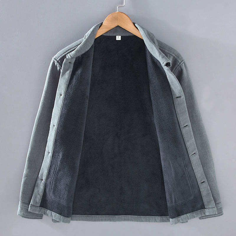 Buddha Stones Men's Plain Long Sleeve Thermal Fleece-Lined Ramie Linen Cotton Jacket With Pockets