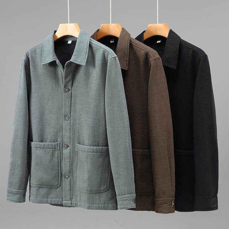 Buddha Stones Men's Plain Long Sleeve Thermal Fleece-Lined Ramie Linen Cotton Jacket With Pockets