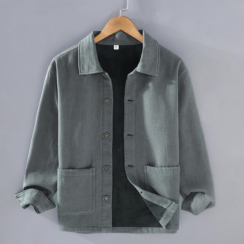 Buddha Stones Men's Plain Long Sleeve Thermal Fleece-Lined Ramie Linen Cotton Jacket With Pockets