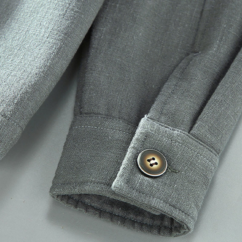 Buddha Stones Men's Plain Long Sleeve Thermal Fleece-Lined Ramie Linen Cotton Jacket With Pockets