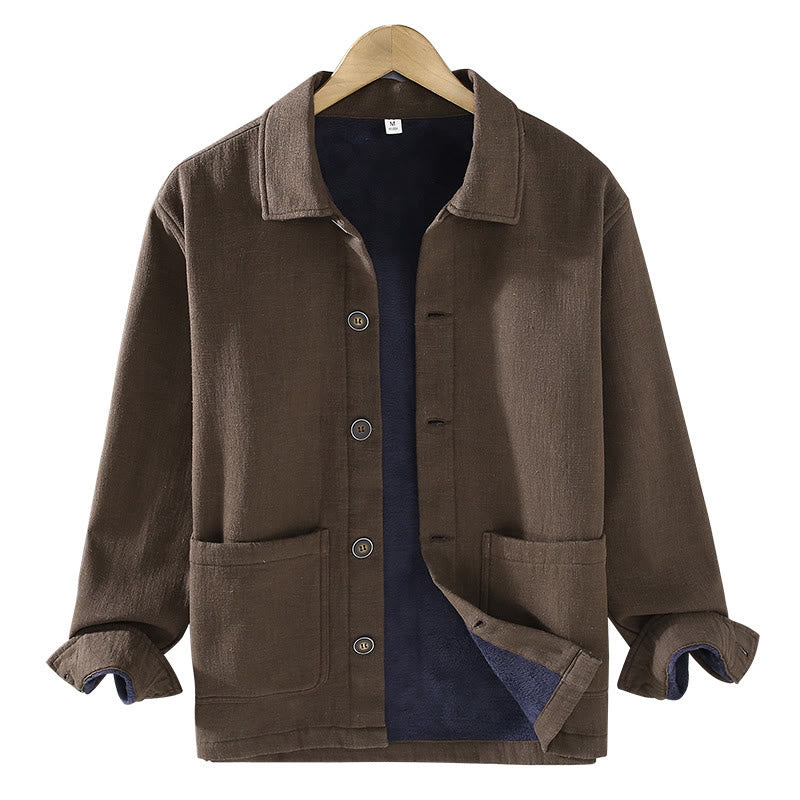 Buddha Stones Men's Plain Long Sleeve Thermal Fleece-Lined Ramie Linen Cotton Jacket With Pockets