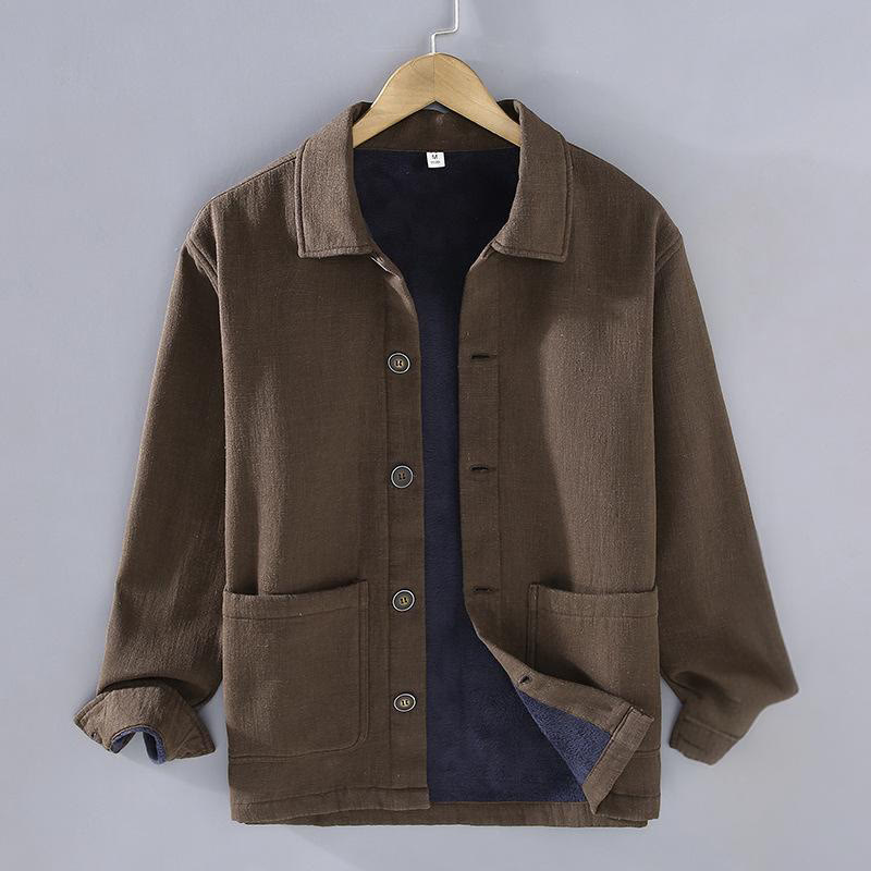 Buddha Stones Men's Plain Long Sleeve Thermal Fleece-Lined Ramie Linen Cotton Jacket With Pockets