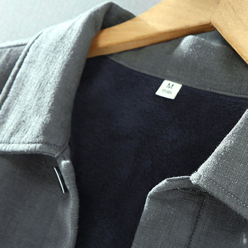 Buddha Stones Men's Plain Long Sleeve Thermal Fleece-Lined Ramie Linen Cotton Jacket With Pockets