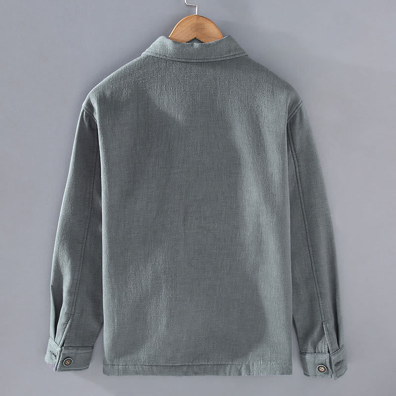 Buddha Stones Men's Plain Long Sleeve Thermal Fleece-Lined Ramie Linen Cotton Jacket With Pockets