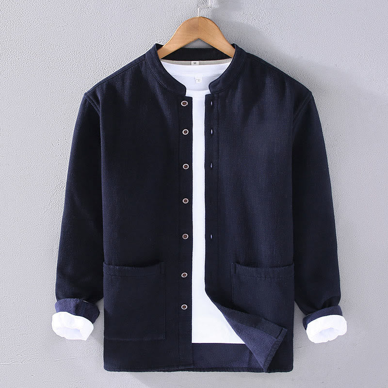 Buddha Stones Men's Stnad Collar Long Sleeve Thermal Fleece-lined Ramie Cotton Jacket With Pockets
